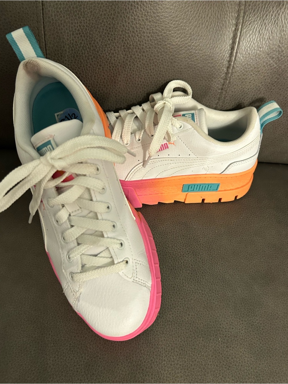 Puma White Low-Top Sneakers with Pink and Orange Gradient Sole